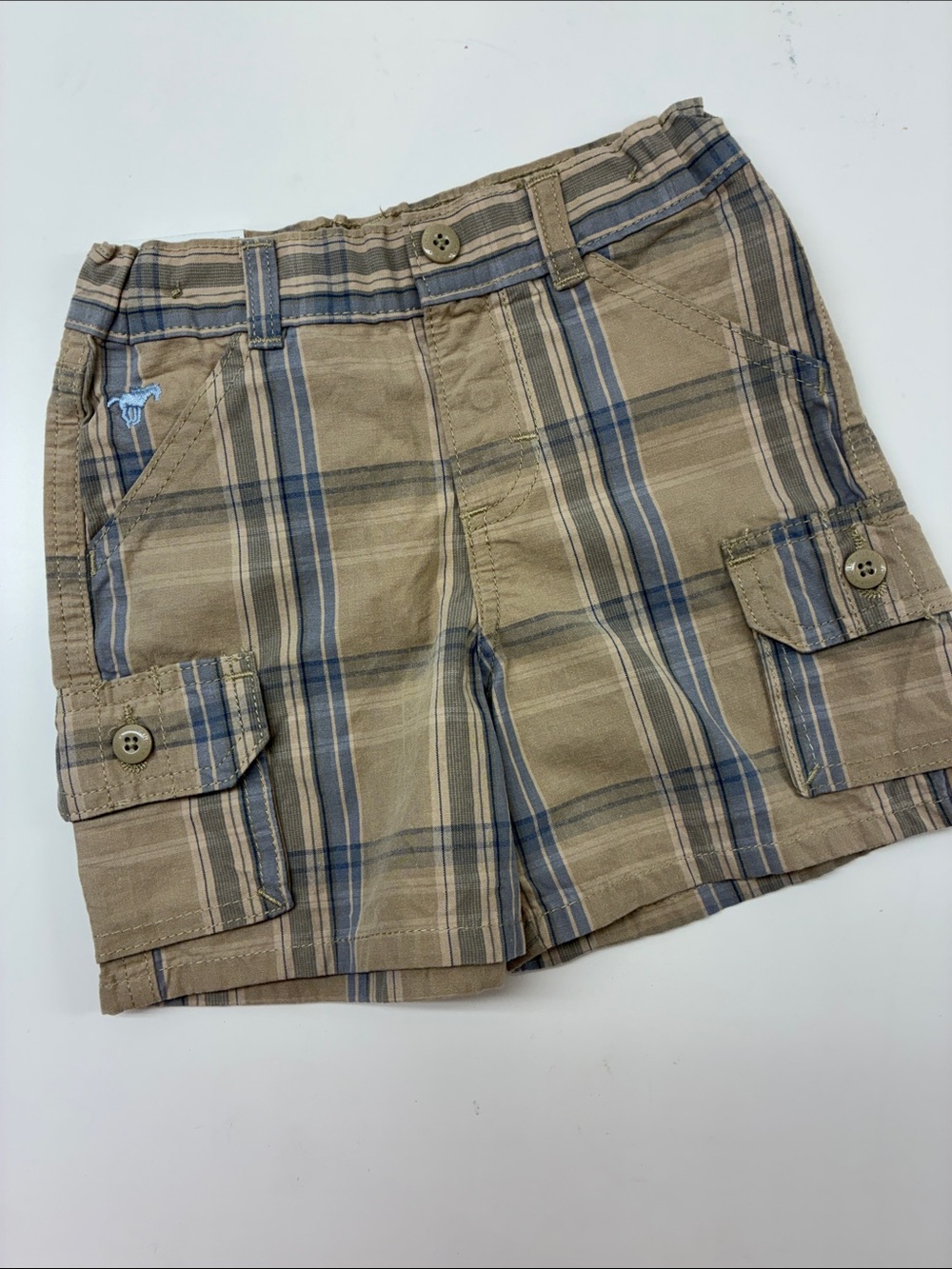 Plaid Cargo Shorts in Khaki with Blue Stripes - adjust to fit